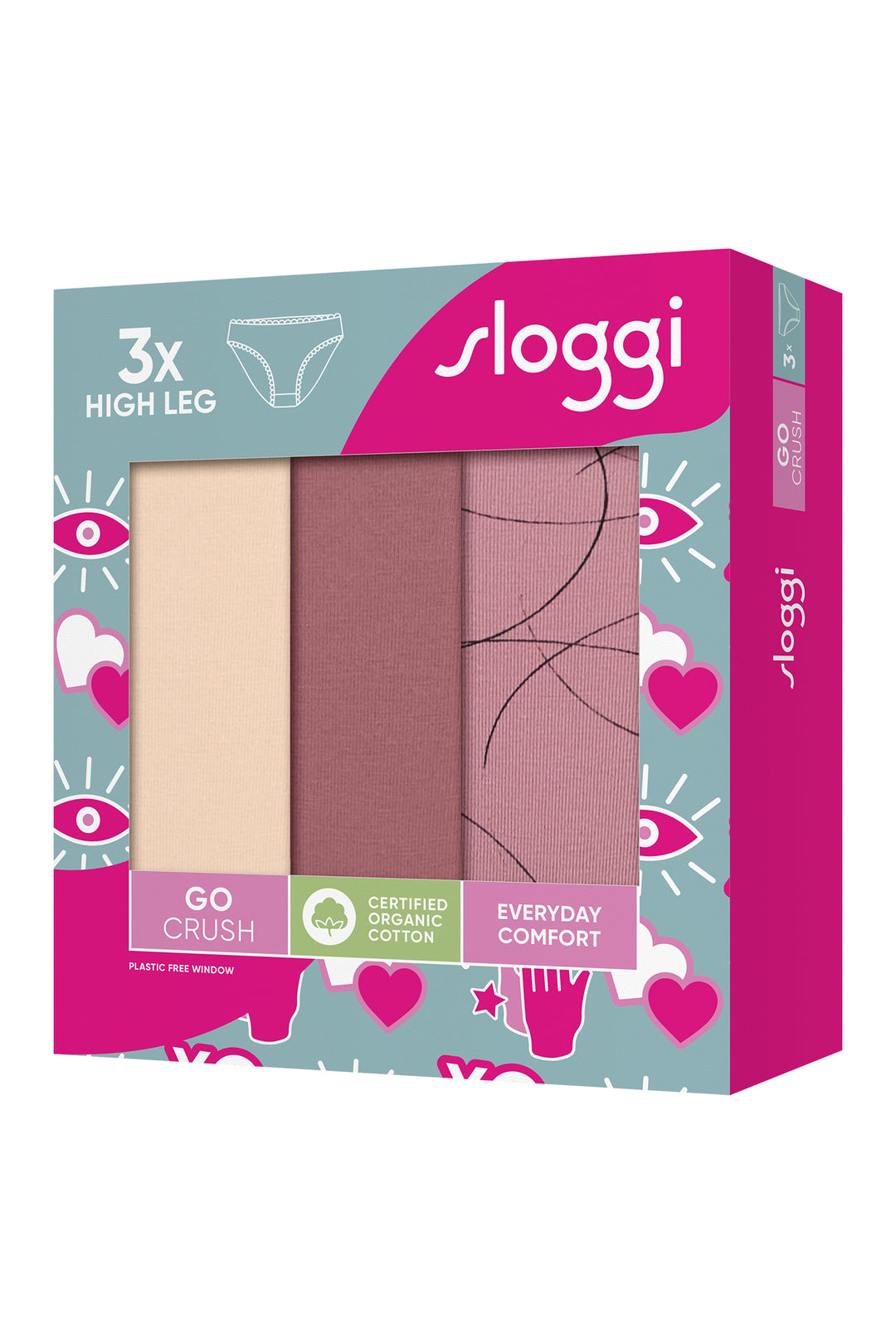Sloggi high leg underwear packaging with three pairs of underwear on a white background