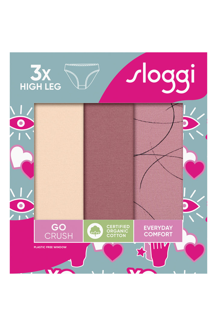 Loggi underwear packaging with three pairs of high-leg panties in different colors on a light blue background.