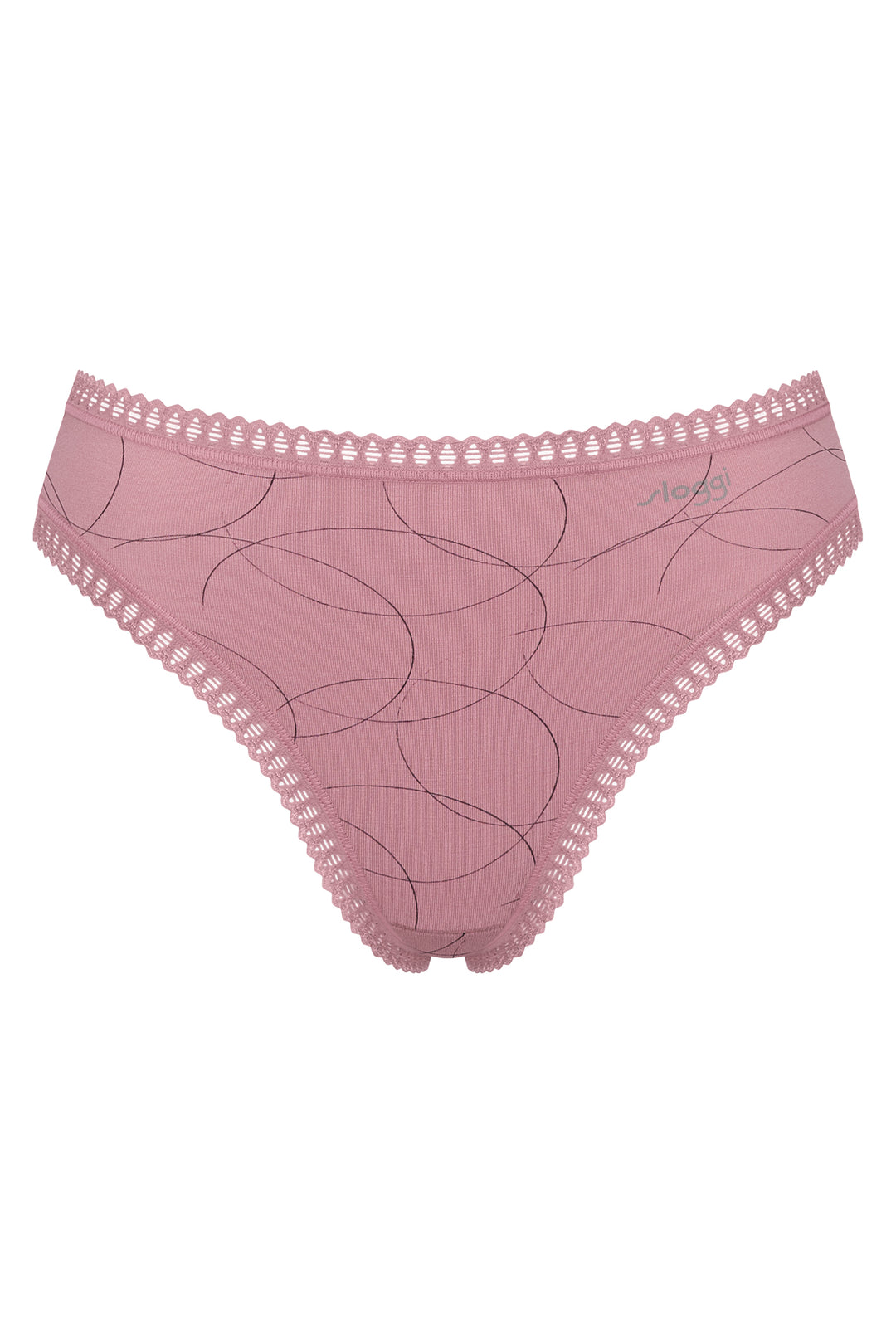 Pink women's underwear with lace trim on a white background