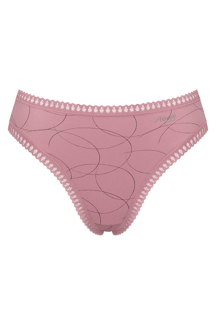 Pink women's underwear with lace trim on a white background