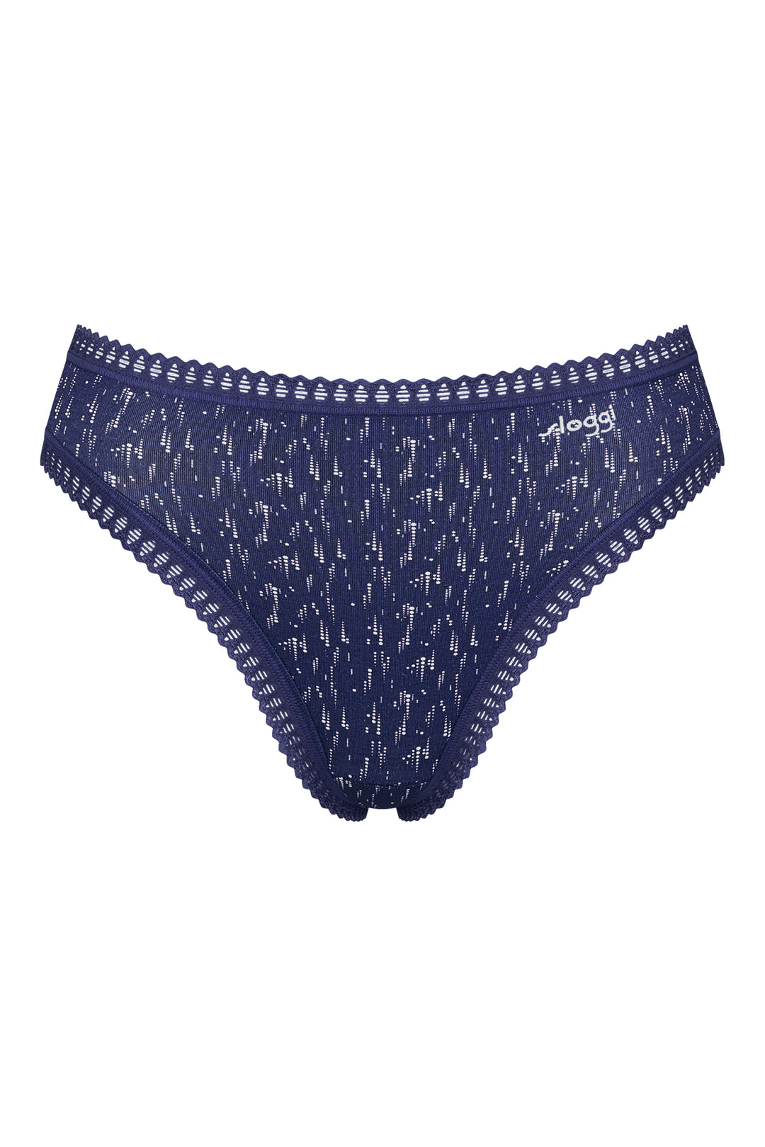 Navy blue patterned underwear with white accents on a white background