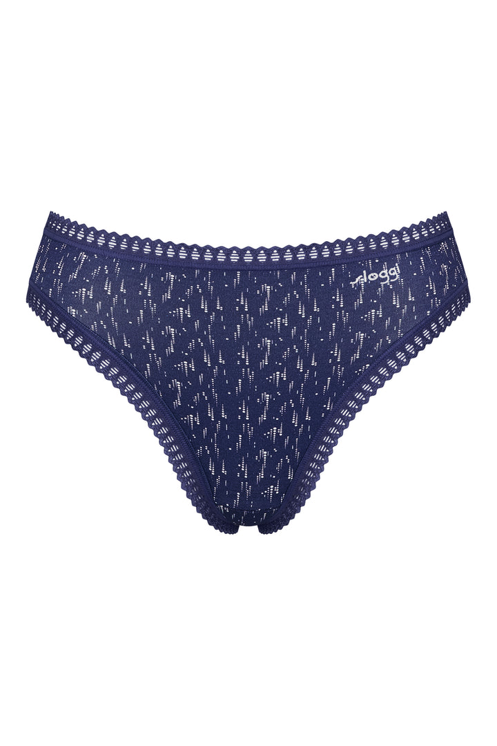 Navy blue patterned underwear with white accents on a white background