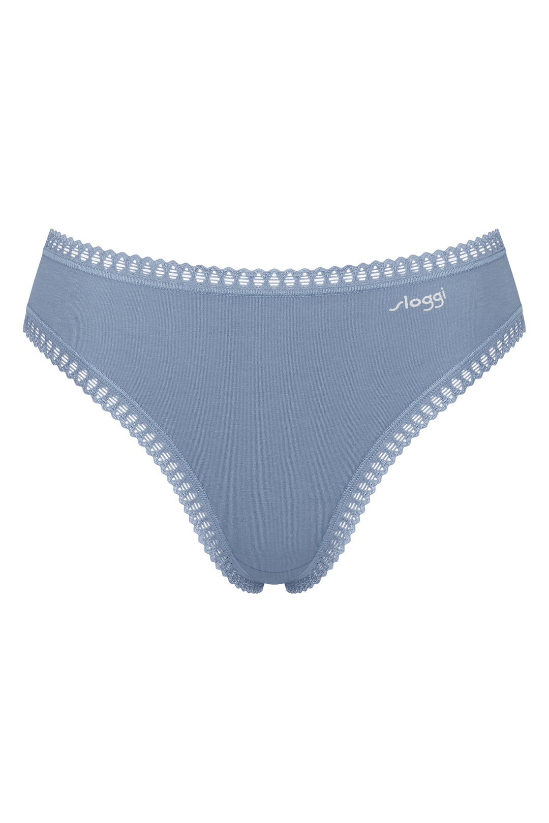 Blue women's underwear with lace trim on a white background