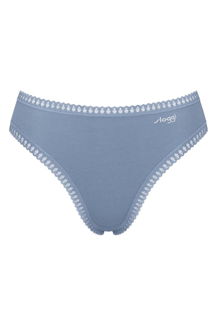Blue women's underwear with lace trim on a white background