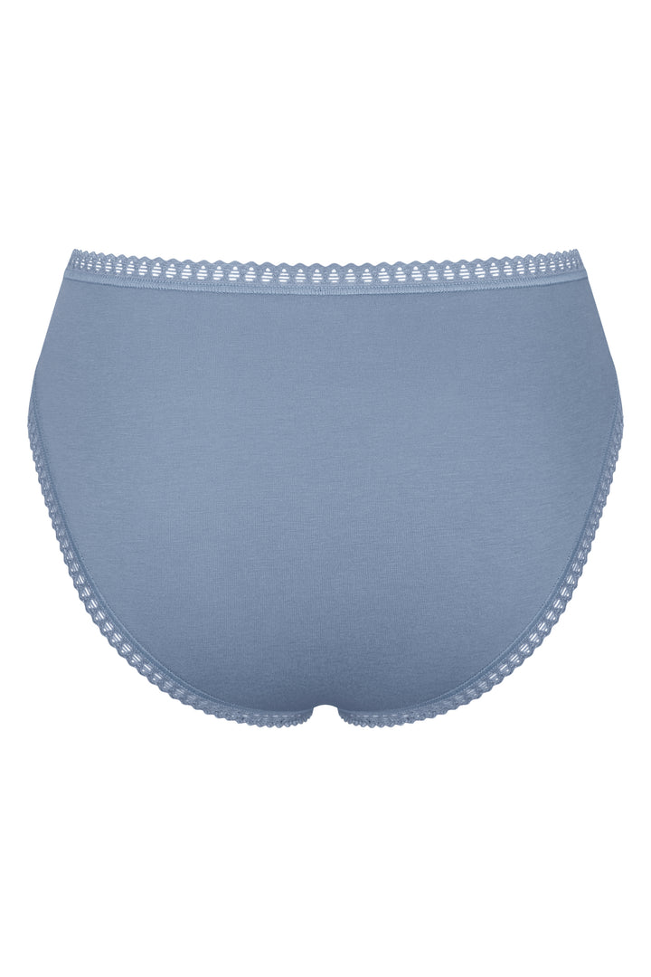 Blue women's underwear with lace trim on a white background
