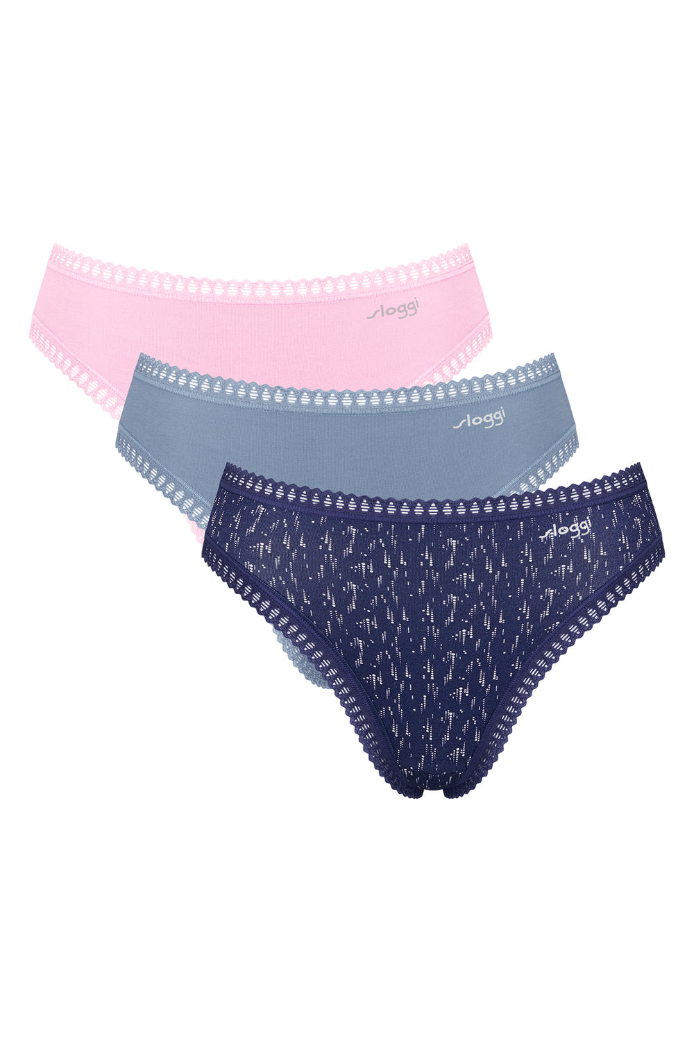 Three pairs of women's underwear in pink, blue, and navy on a white background.
