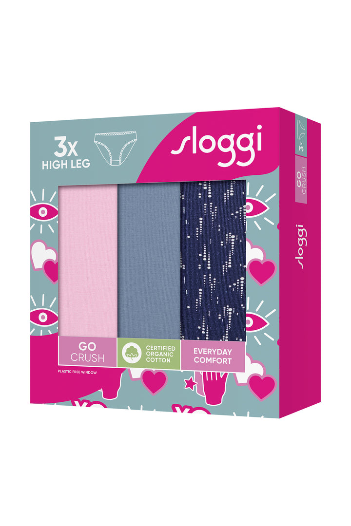 Sloggi high leg underwear packaging with three pairs of underwear on a white background