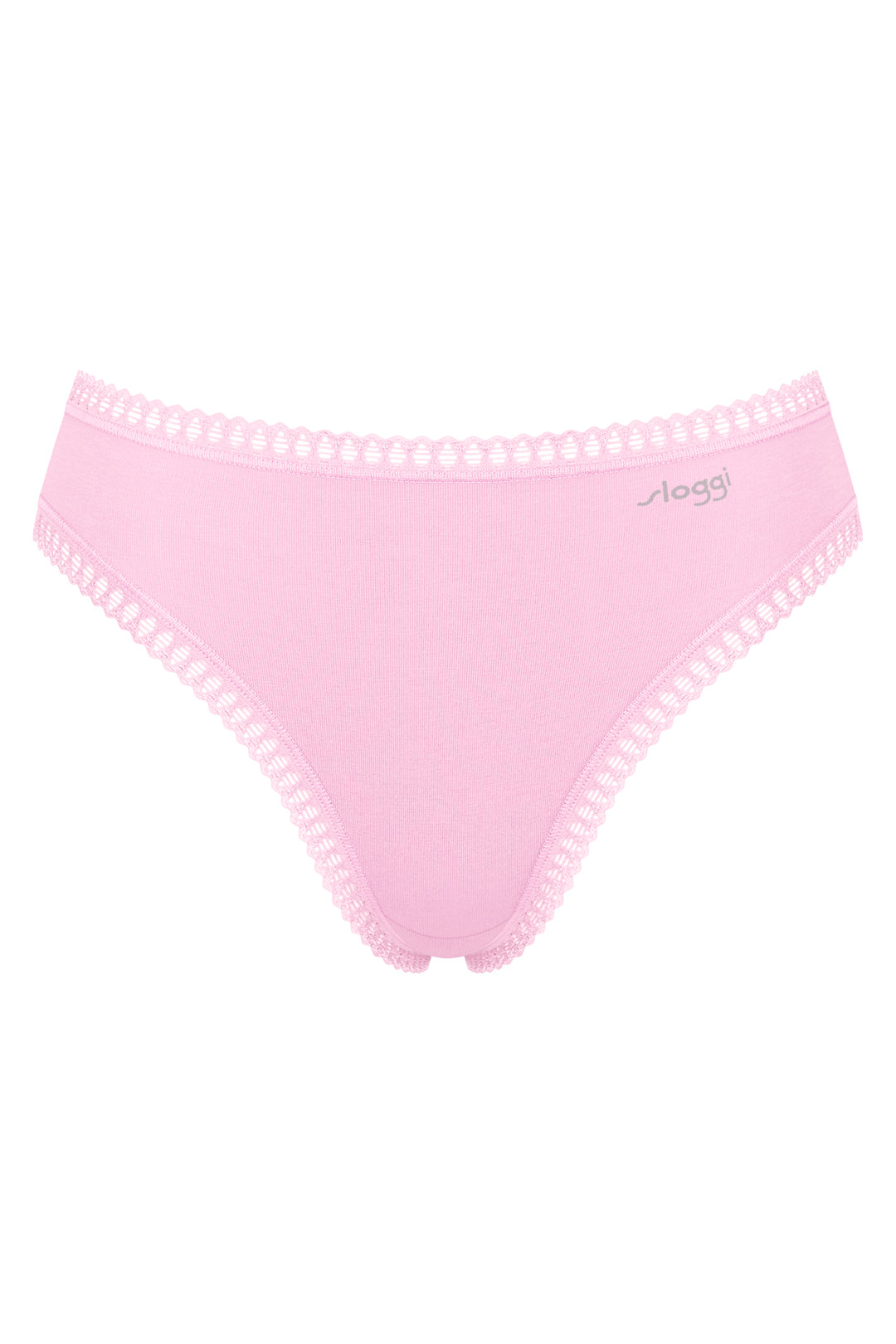 Pink bikini bottom with pom-pom trim on a white background