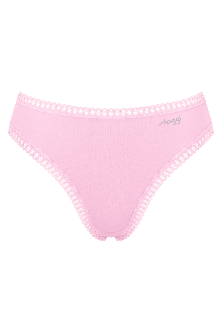 Pink bikini bottom with pom-pom trim on a white background