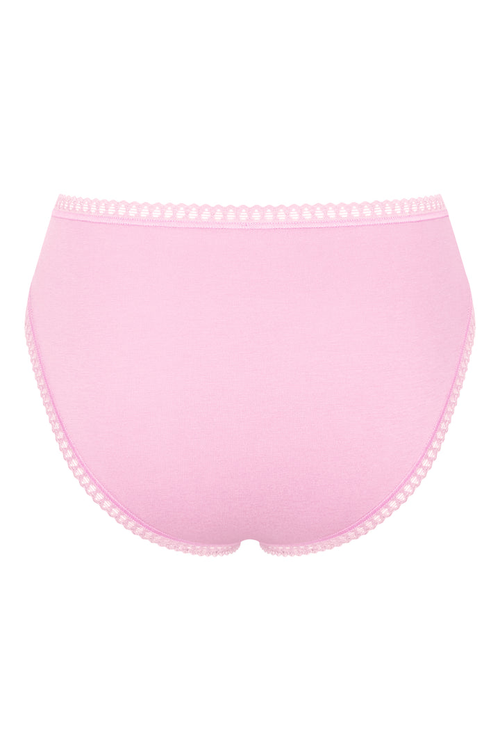Pink underwear with lace trim on a white background