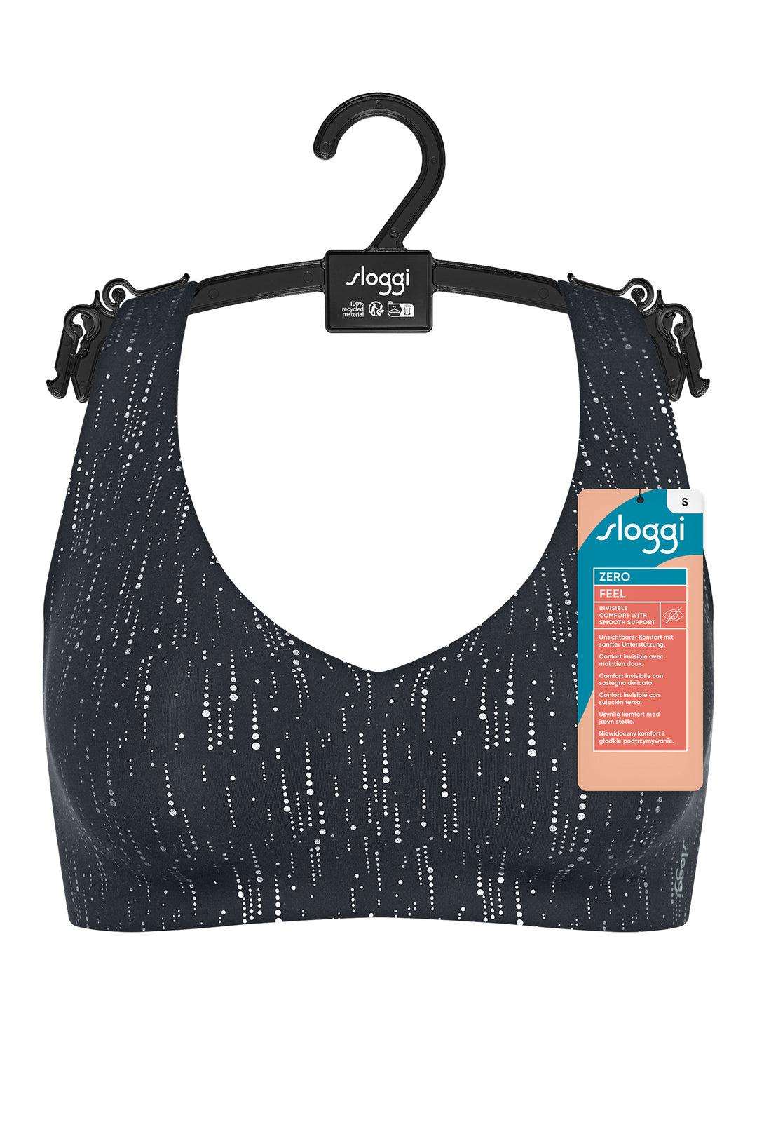 black bralette with white speckles on a hanger, featuring Sloggi branding.