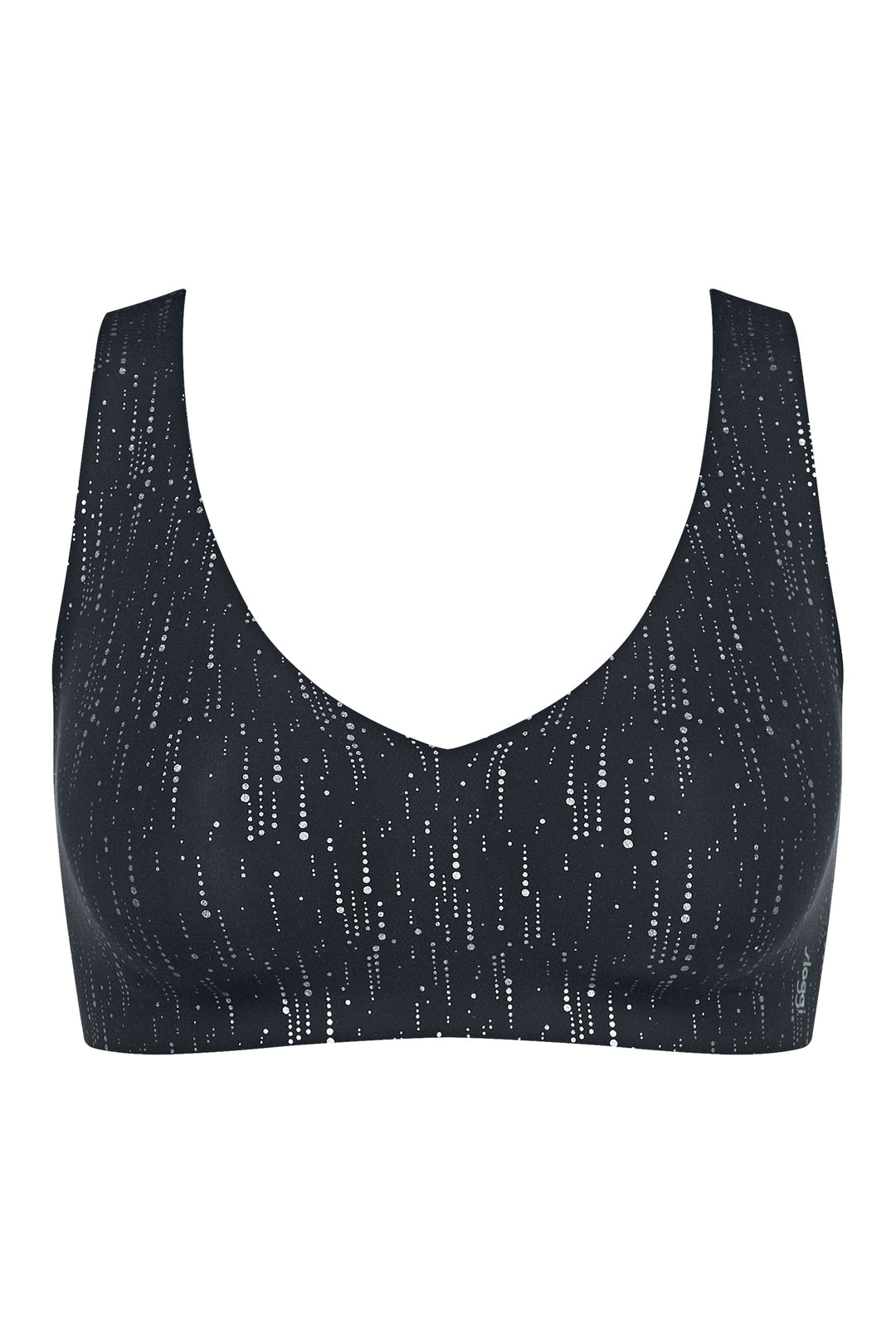 black bralette with white accents on a white background