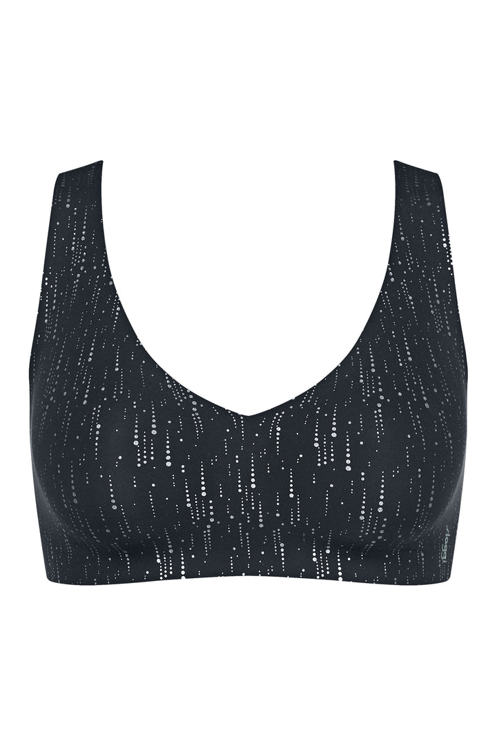 black bralette with white accents on a white background