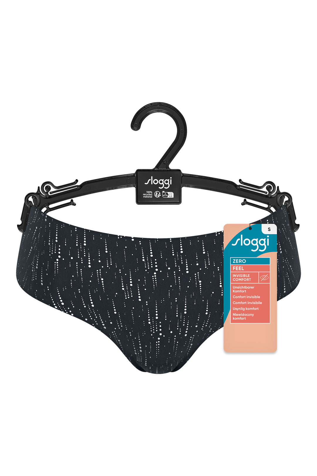 Black sparkly bikini bottom on a hanger with Staggi branding.