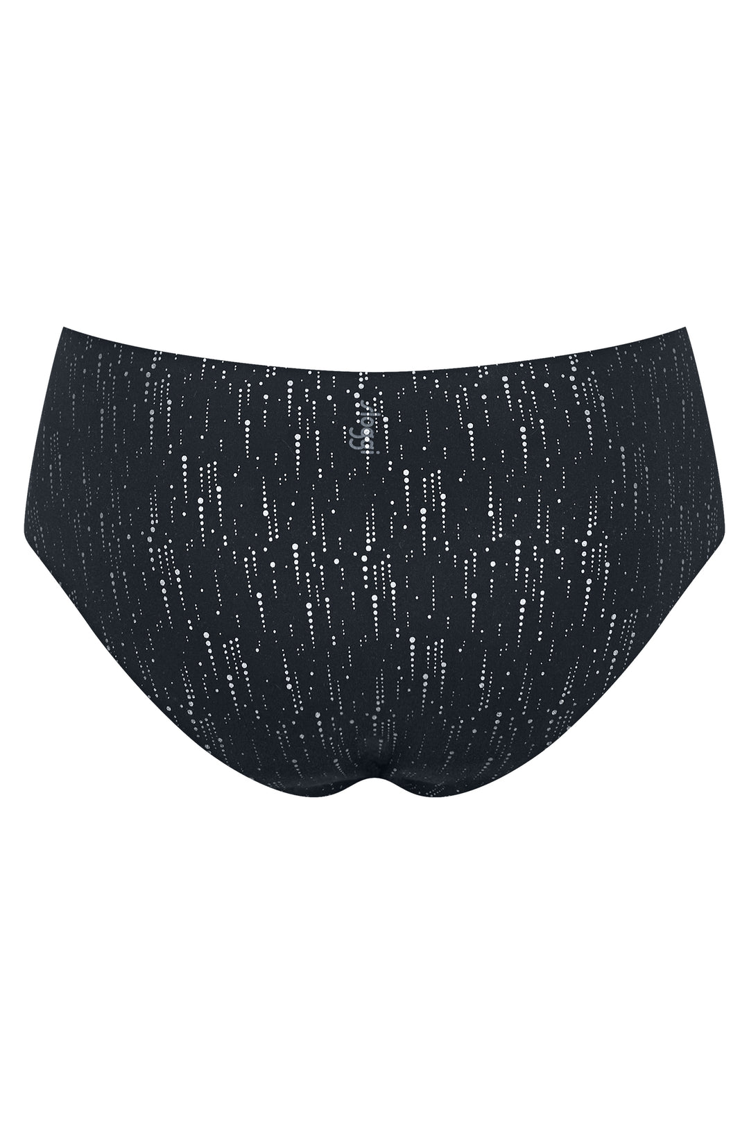 Black high-waisted bikini bottom with a subtle pattern on a white background