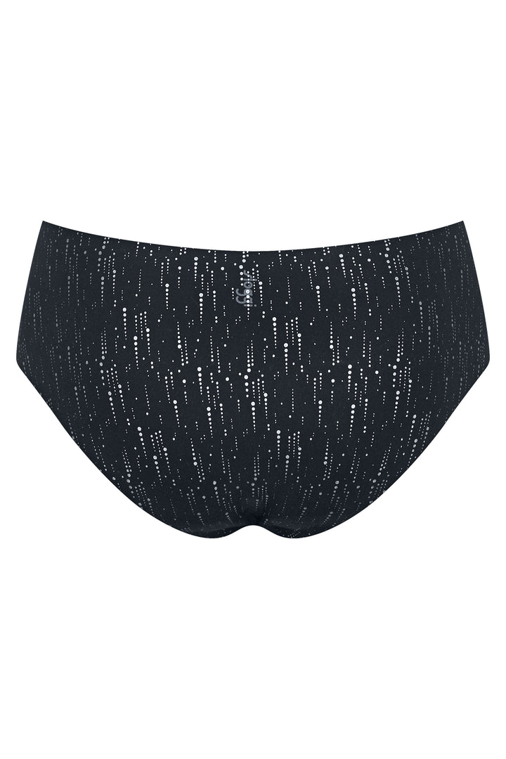 Black high-waisted bikini bottom with a subtle pattern on a white background
