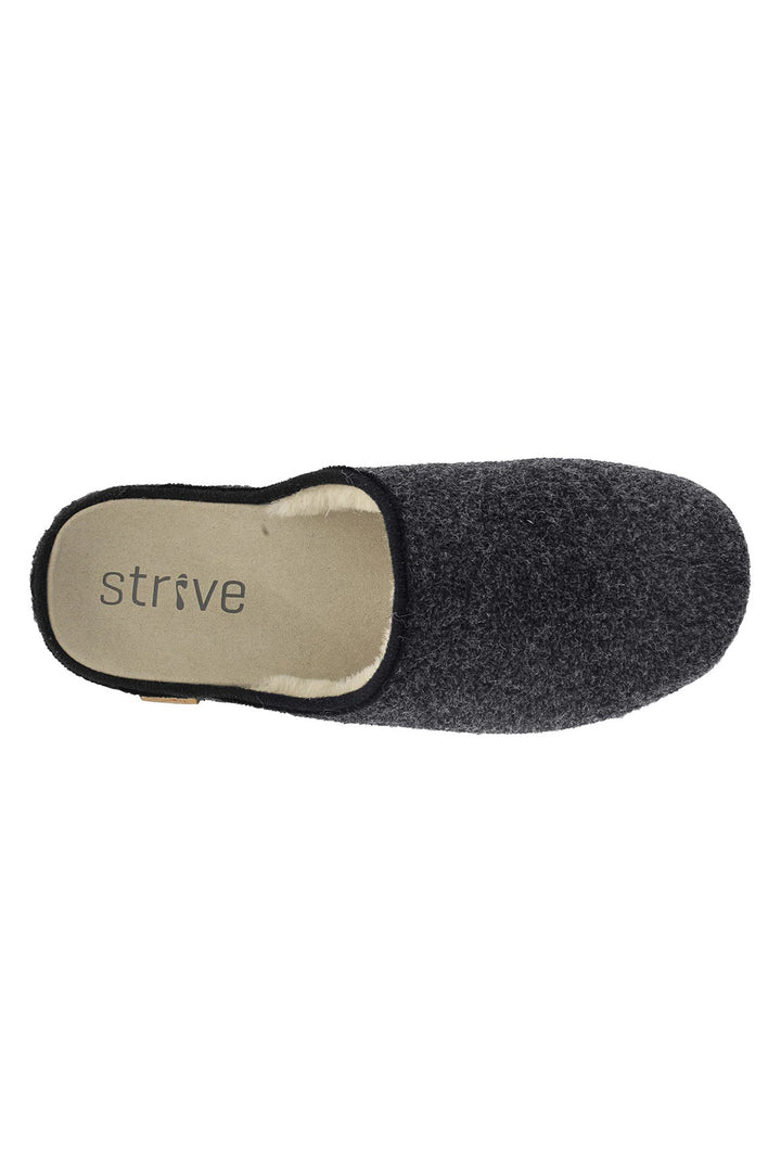 Gray slipper with 'strive' branding on a white background