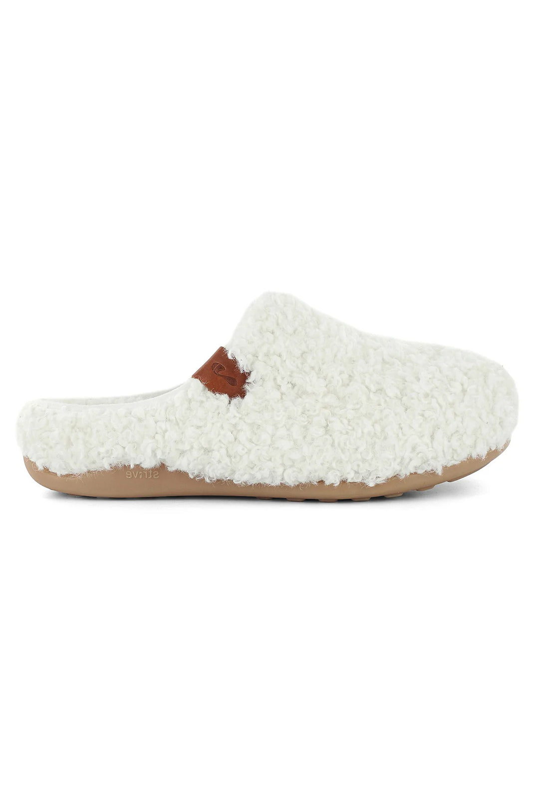 White fuzzy slipper with a brown patch on a white background