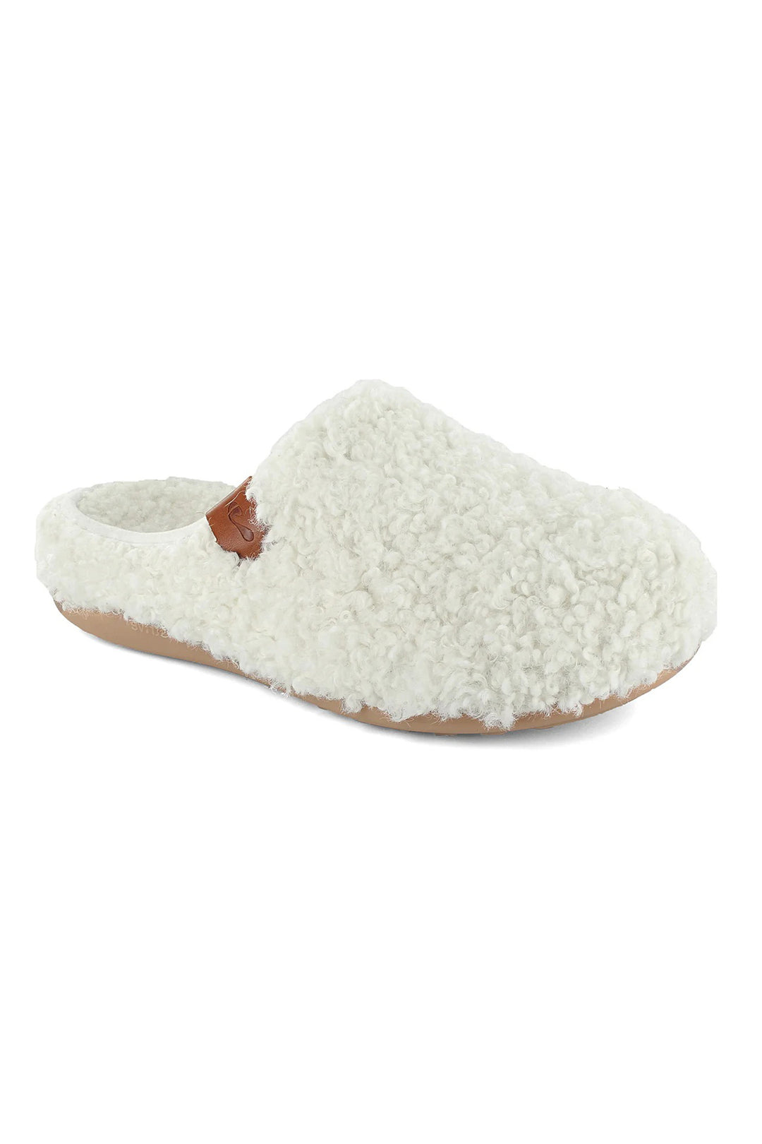 White fuzzy slipper with a brown sole on a white background