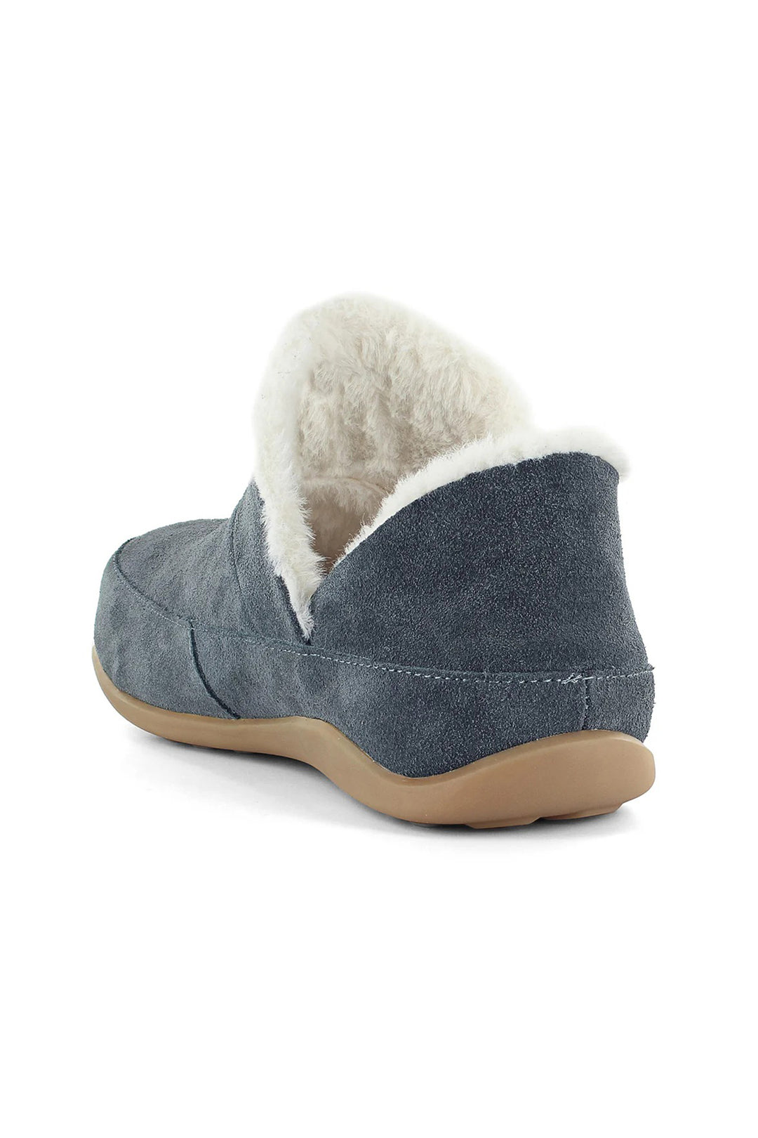 Grey slipper with white fur lining on a white background