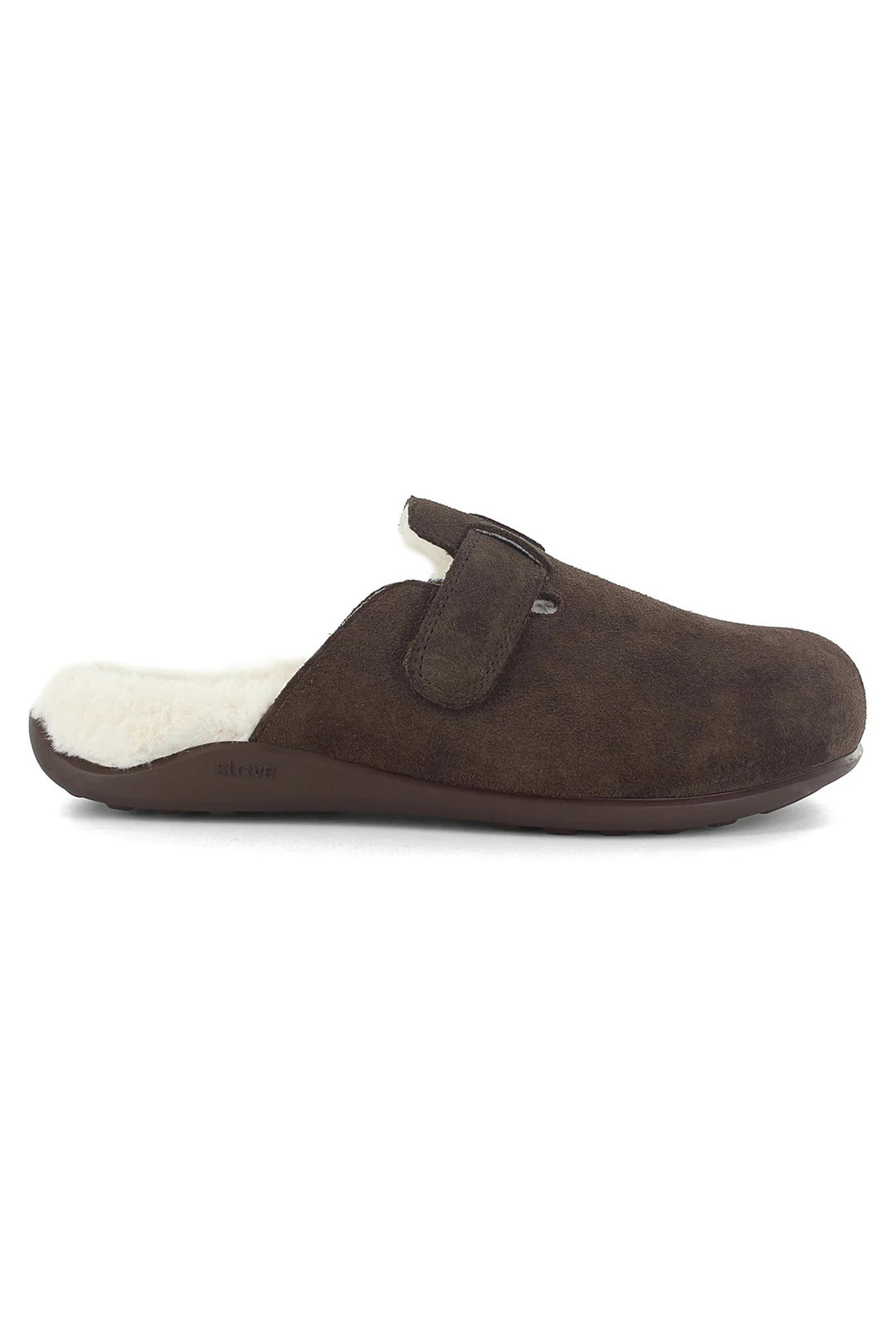 Brown slipper with white lining on a white background
