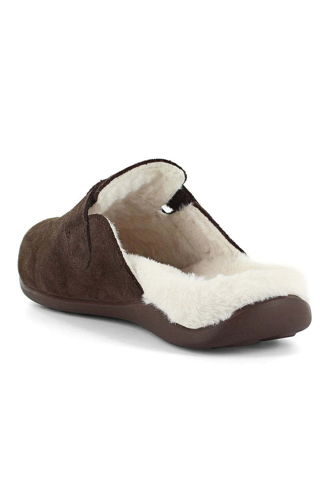 Brown slipper with white fur lining on a white background