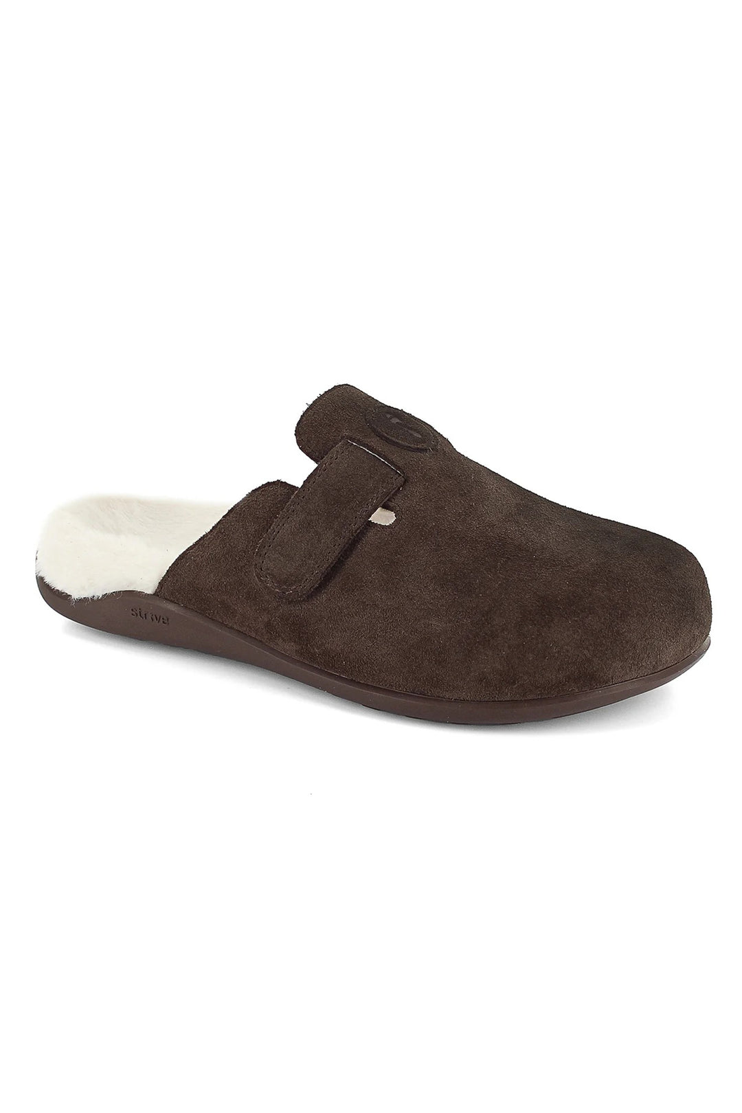 Brown slipper with white lining on a white background