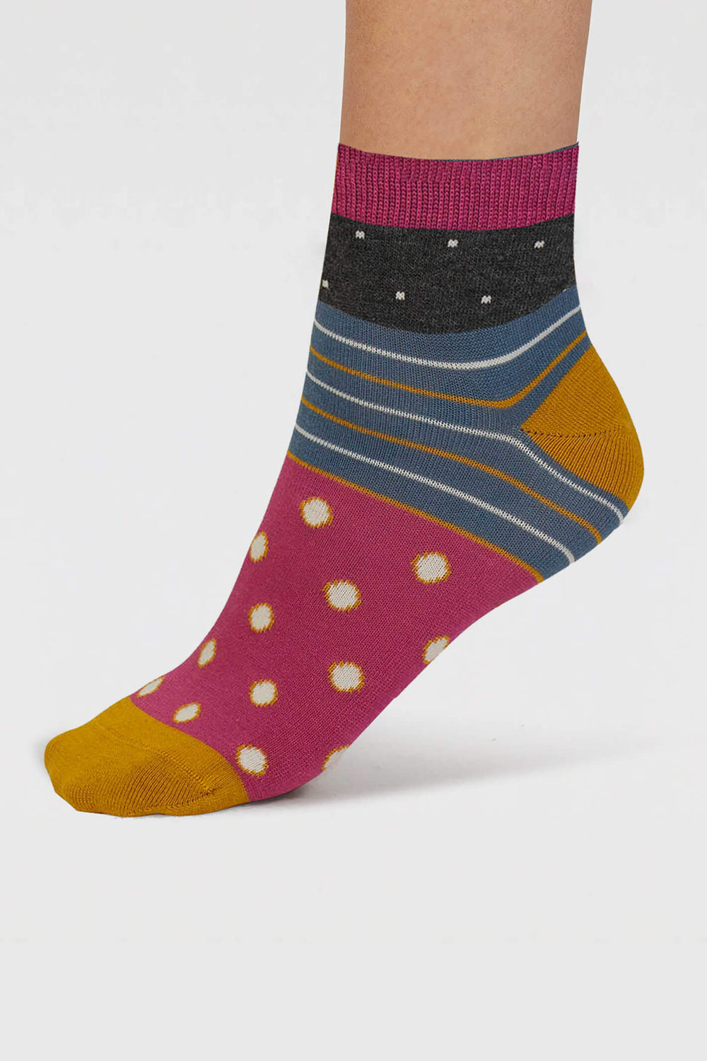 Thought SPW898 Dark Grey Marle Rondel Spot And Stripe Bamboo Ankle Socks - Shirley Allum Boutique