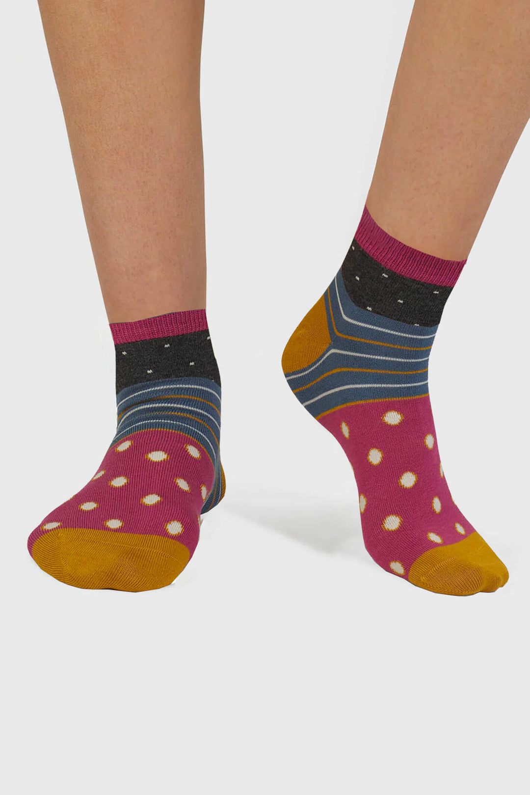 Thought SPW898 Dark Grey Marle Rondel Spot And Stripe Bamboo Ankle Socks - Shirley Allum Boutique