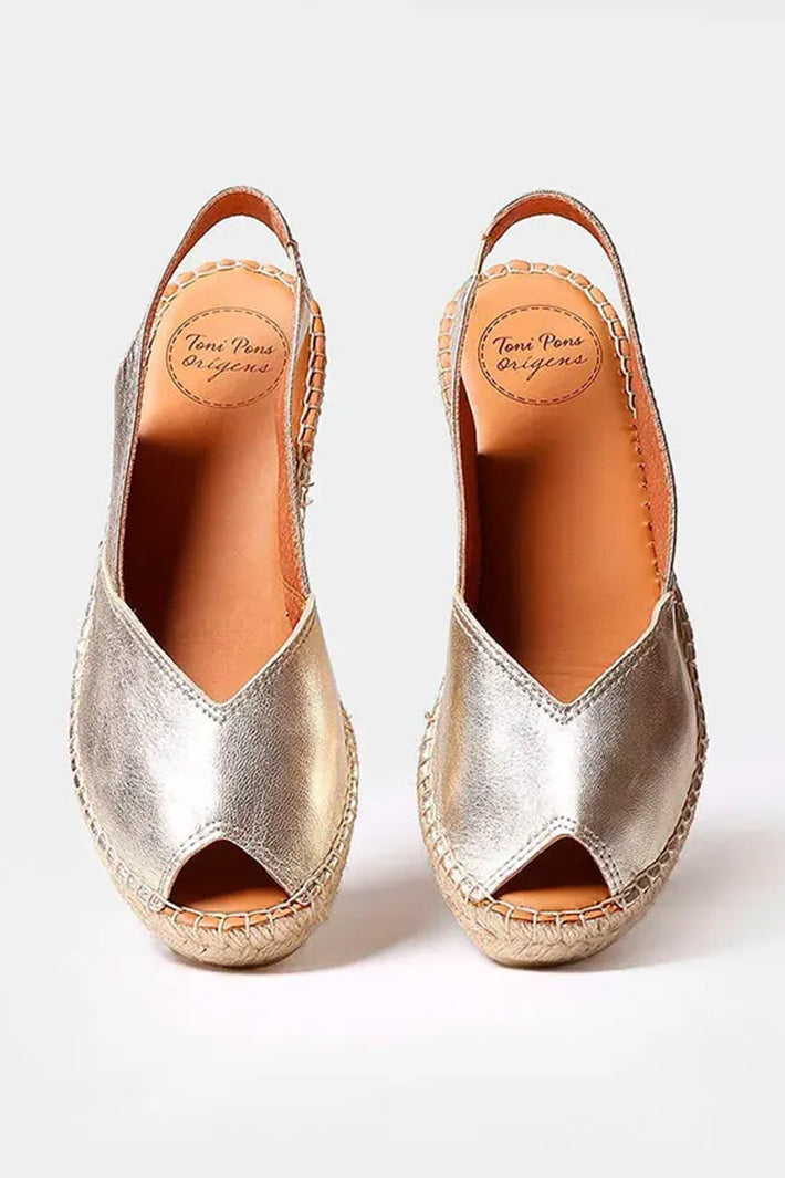 Toni Pons Bernia-P Espadrille Platinum Gold Leather Wedge Heel Sandal