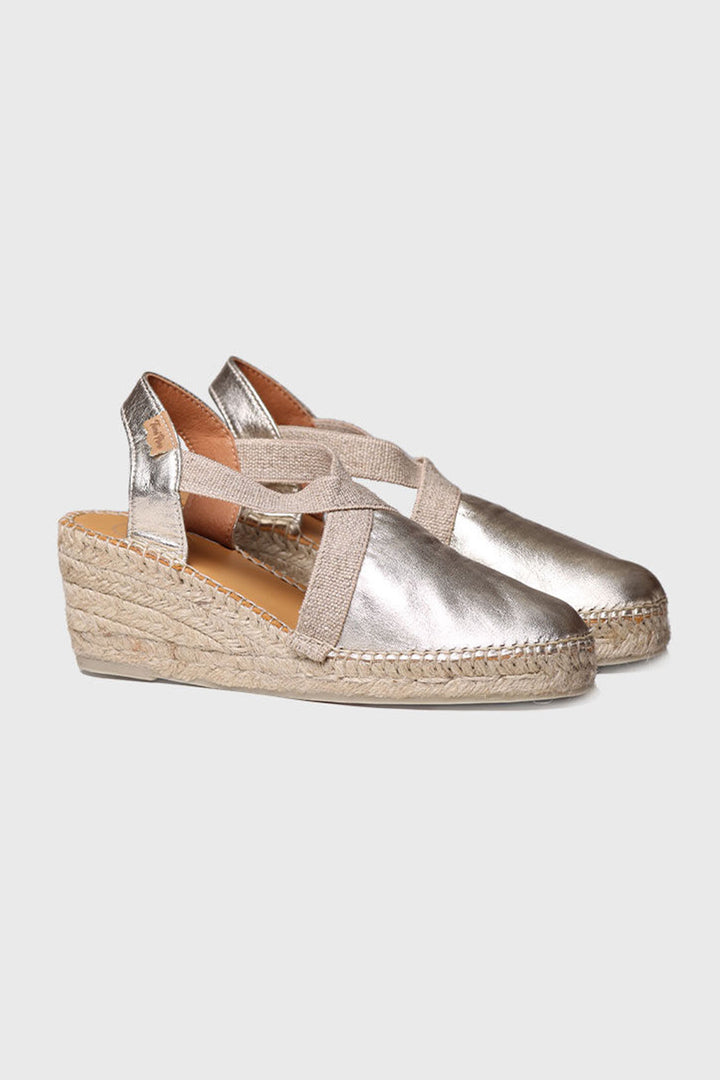 Toni Pons Tossa Platinum Gold Medium Wedge Leather Espadrille Sandal - Shirley Allum Boutique