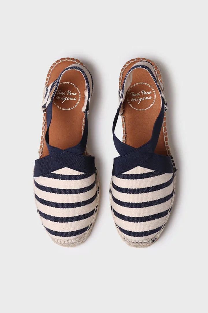 Toni Pons Vinaros Sandal Navy Striped Cotton Canvas Wedge Espadrille