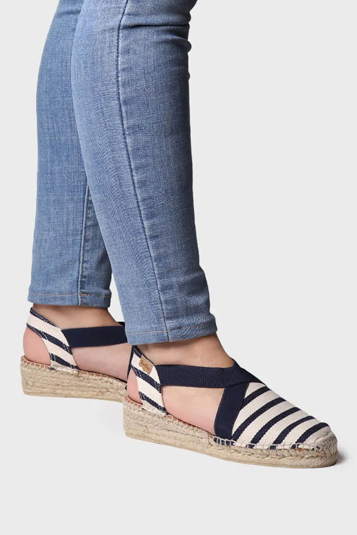 Toni Pons Vinaros Sandal Navy Striped Cotton Canvas Wedge Espadrille - Shirley Allum Boutique