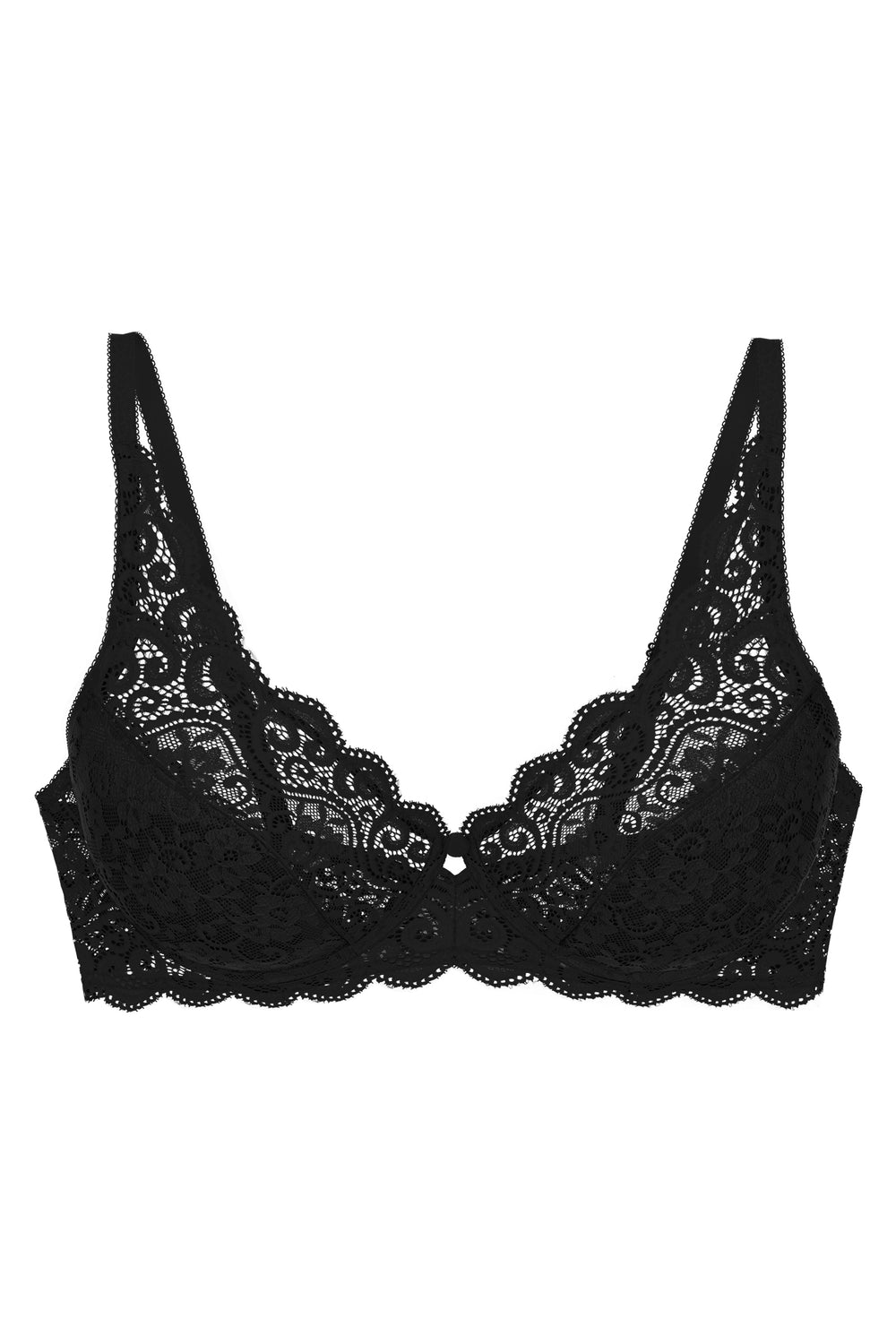 Black lace bra on a white background