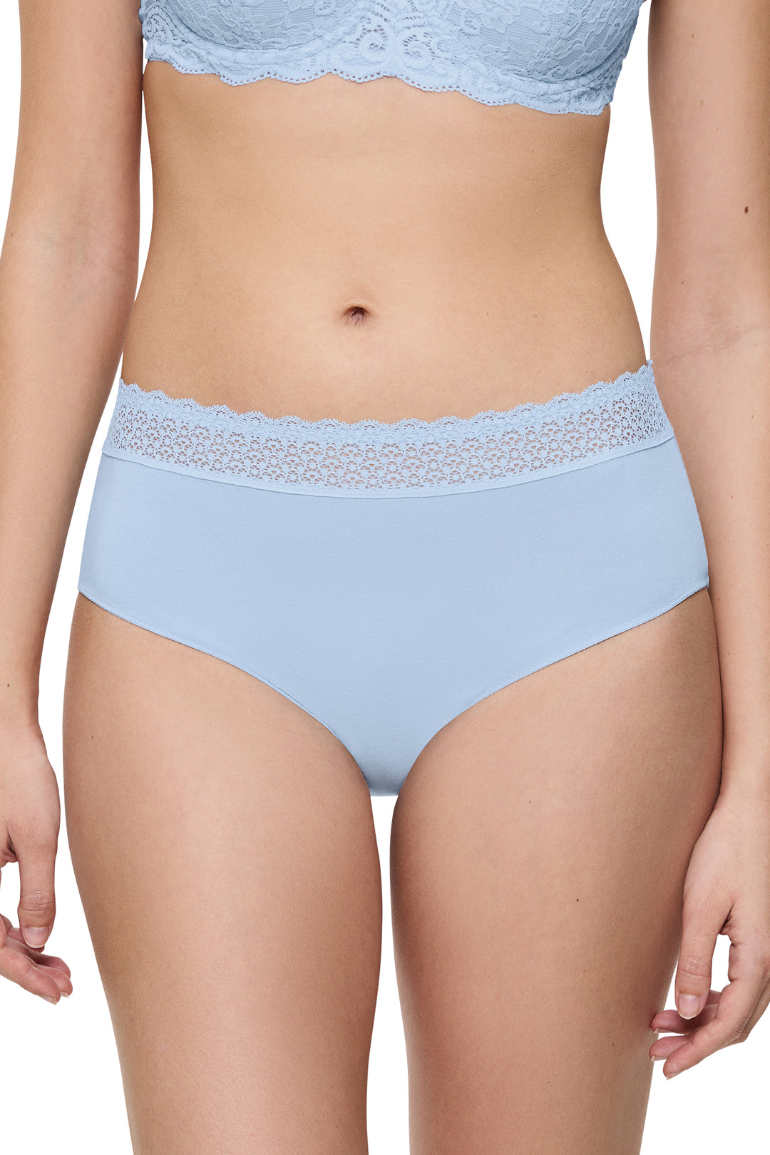 Light blue lace-trimmed underwear worn by a model on a white background