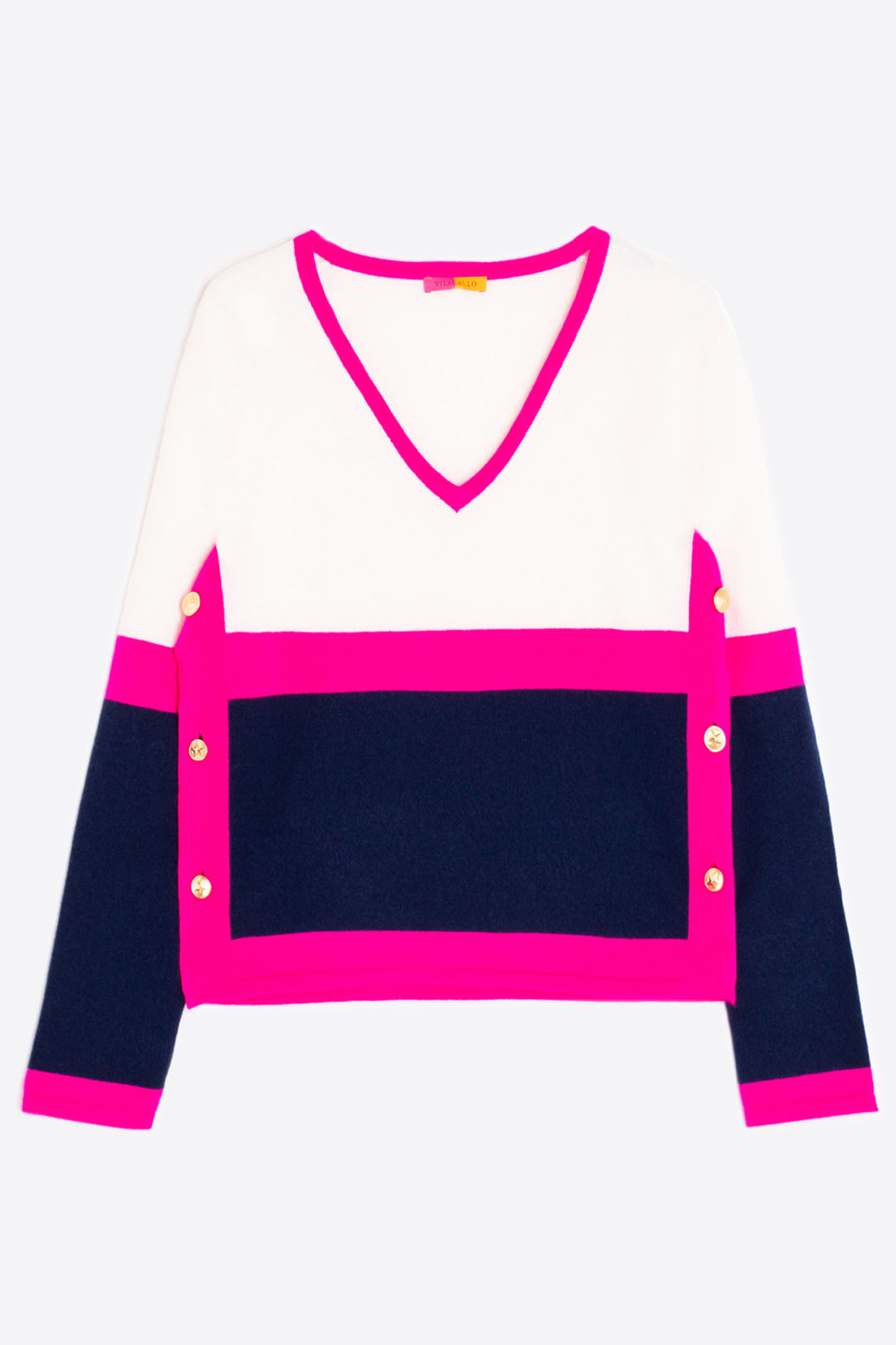 Vilagallo 30903 Ecru Cream Pink Navy V-Neck Side Button Jumper - Shirley Allum Boutique