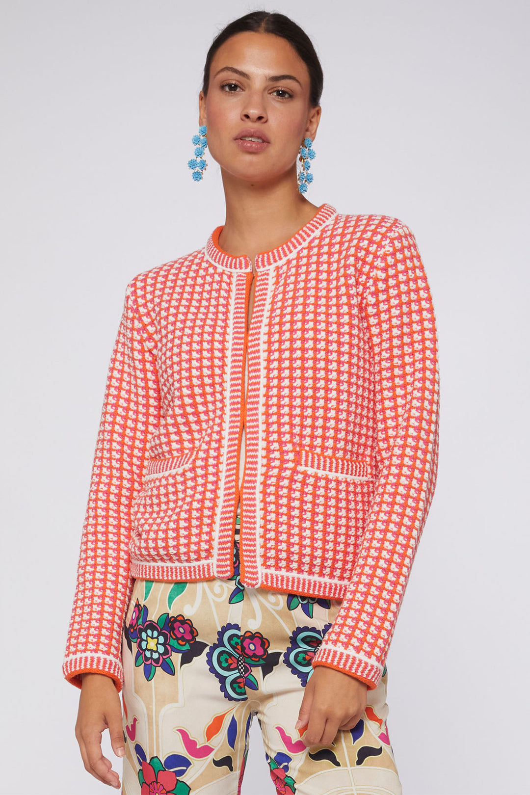 Vilagallo 30926 Orange Pink Ecru Round Neck Knitted Jacket - Shirley Allum Boutique