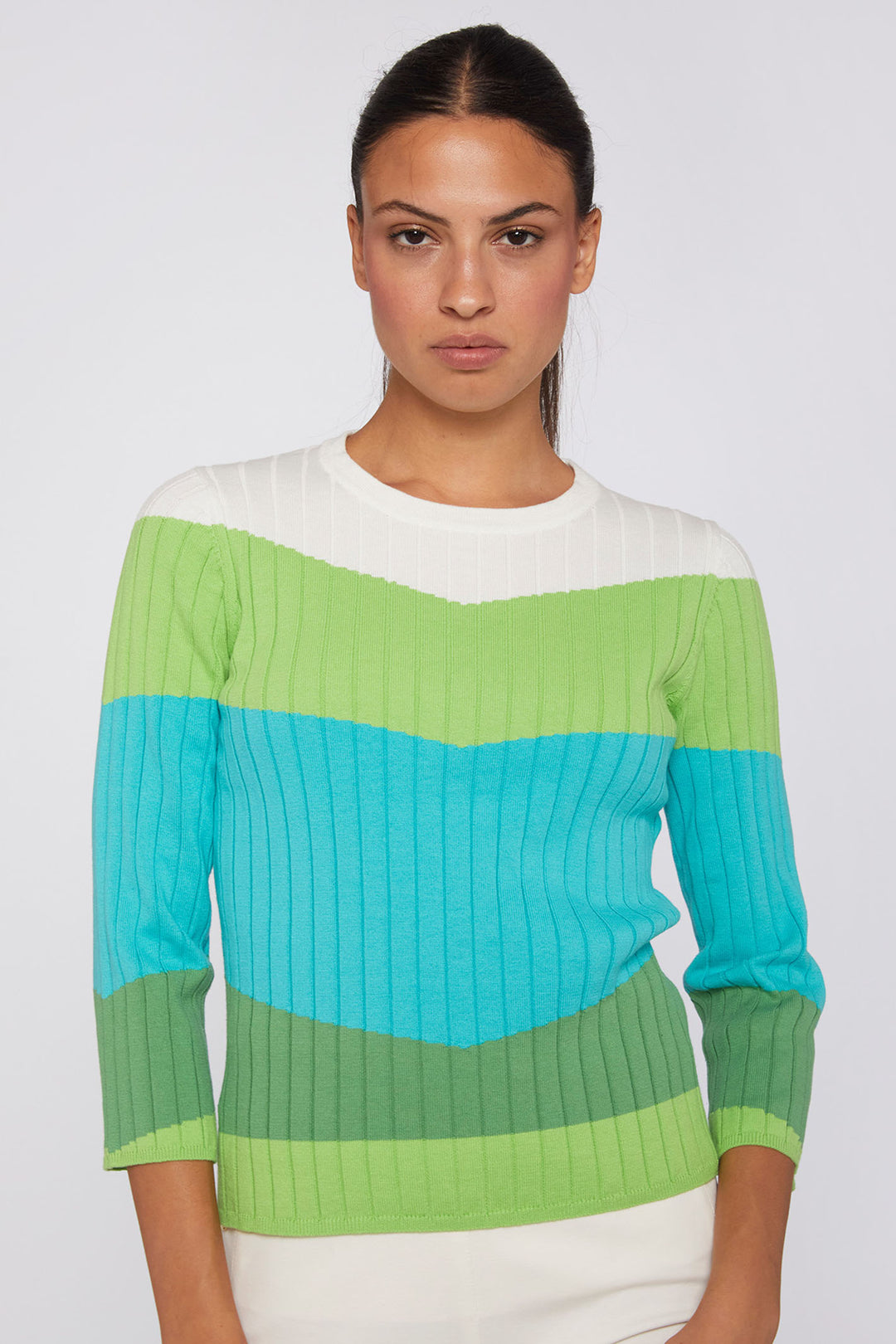 Vilagallo 30928 Green Blue Block Colour Ribbed Jumper - Shirley Allum Boutique