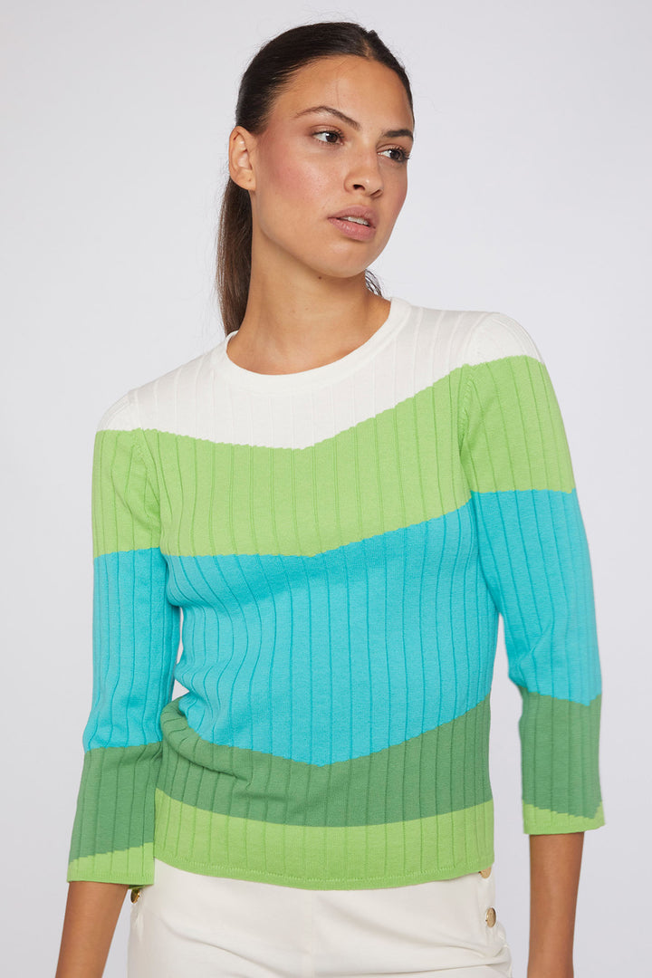 Vilagallo 30928 Green Blue Block Colour Ribbed Jumper - Shirley Allum Boutique