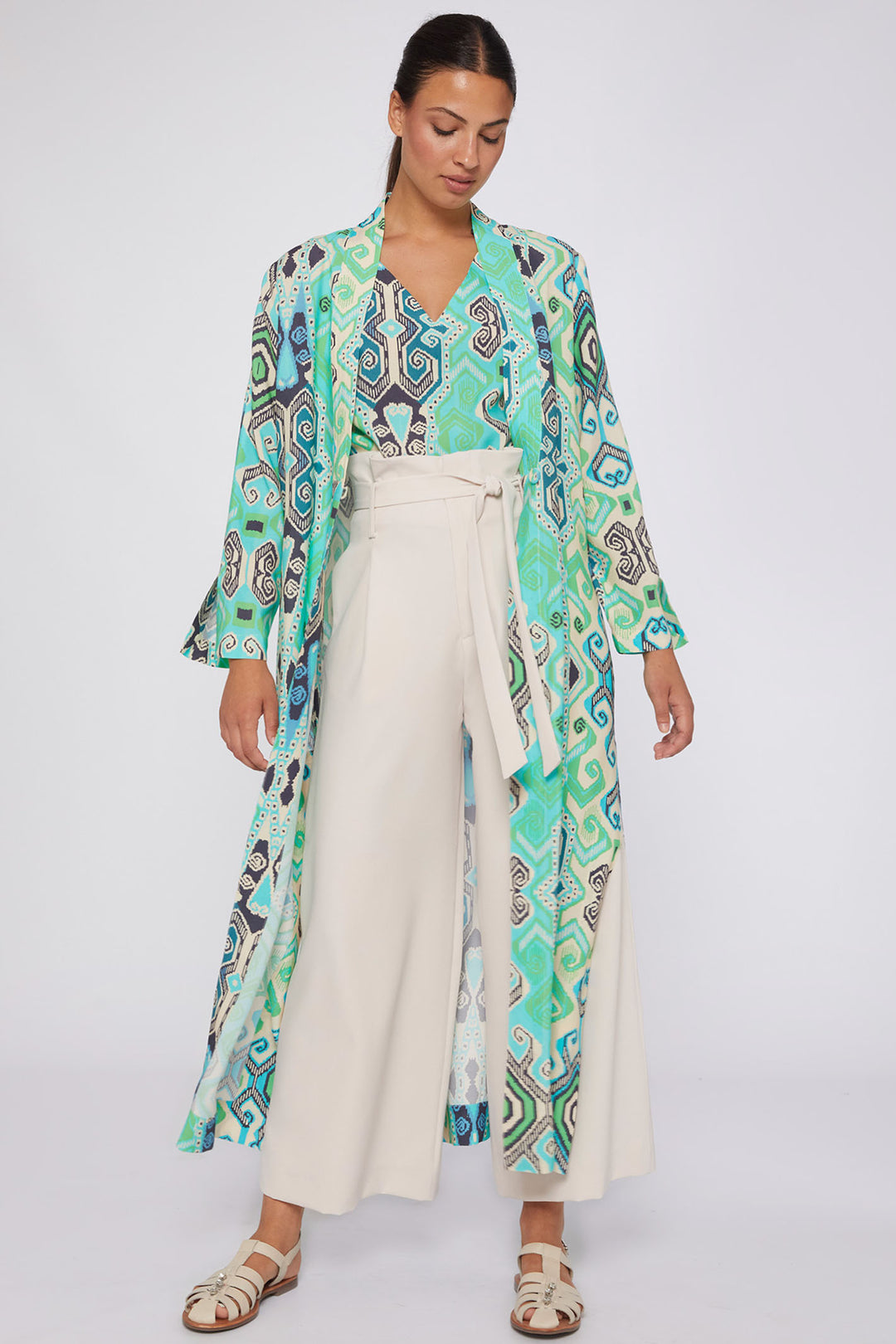 Vilagallo 31089 Carlota Green Aztec Print Long Kimono Coat - Shirley Allum Boutique