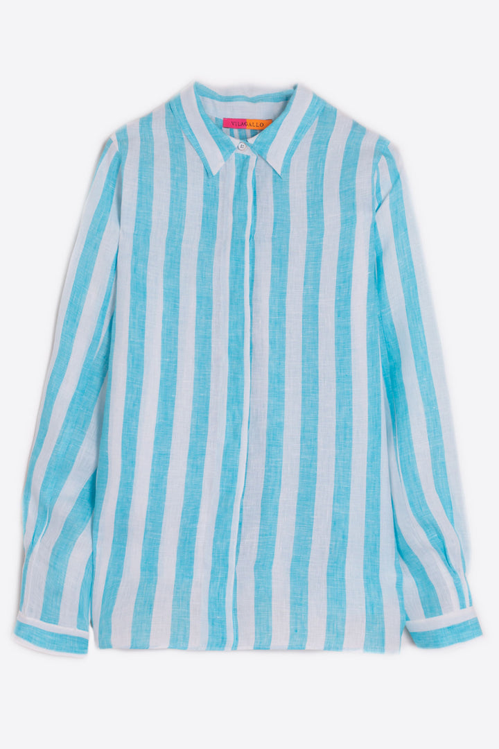 Vilagallo 31205 Turquoise Blue Striped Linen Shirt - Shirley Allum Boutique