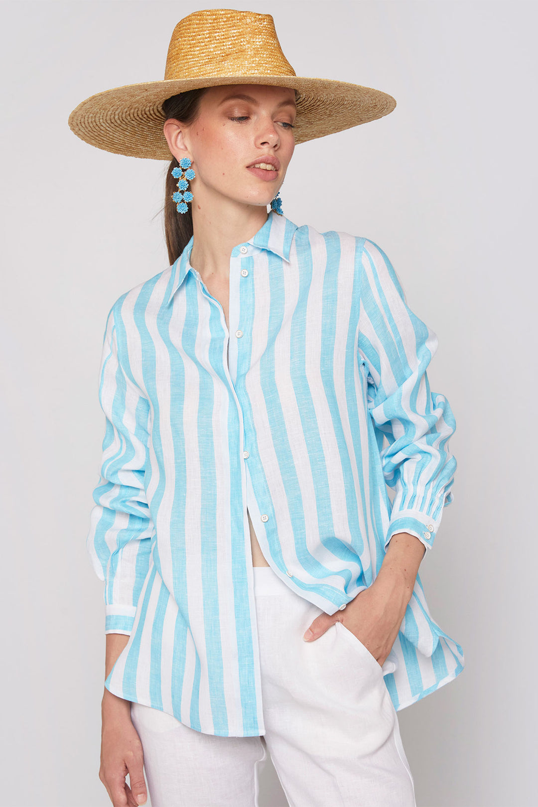 Vilagallo 31205 Turquoise Blue Striped Linen Shirt - Shirley Allum Boutique