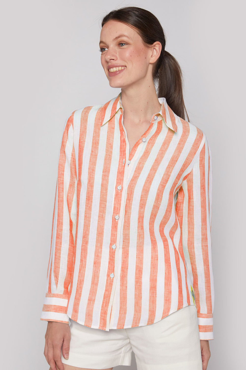 Vilagallo 31217 Mafalda Coral Stripe Ikat Print Back Linen Shirt - Shirley Allum Boutique