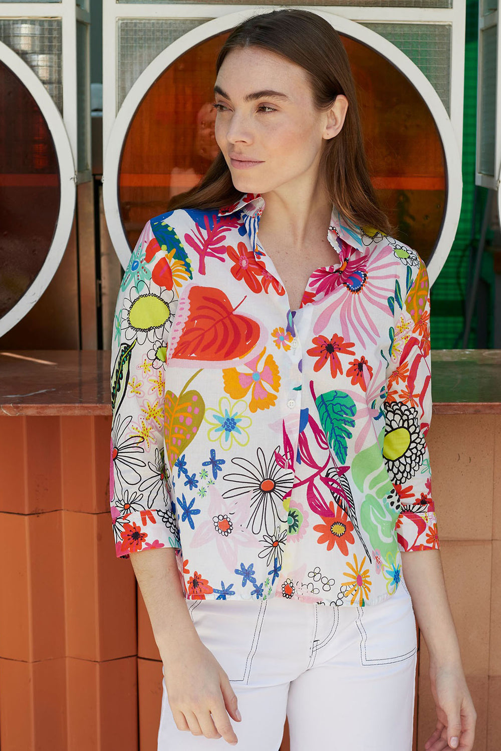 Vilagallo 31474 Sara White Multi Maxi Watercolour Flower Shirt - Shirley Allum Boutique