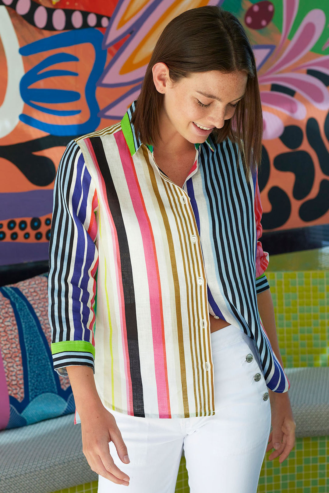 Vilagallo 32028 Sara Blue Multicolour Stripe Pure Linen Shirt - Shirley Allum Boutique