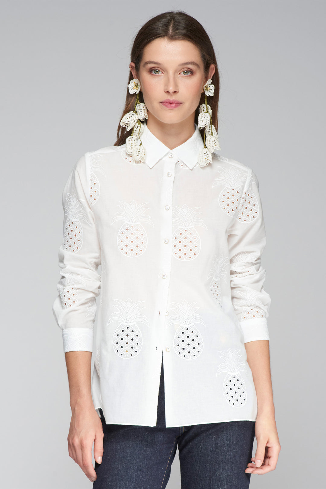 Vilagallo 32343 White Embroidered Pineapple Shirt - Shirley Allum Boutique