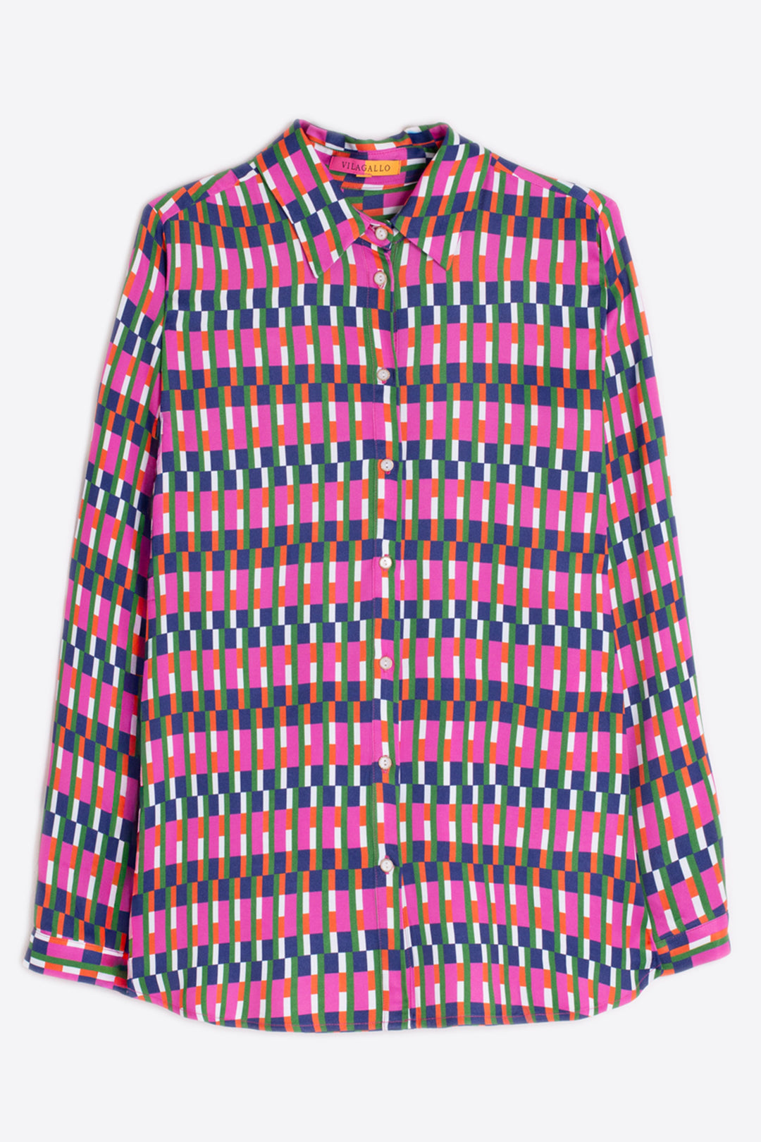 Colorful geometric patterned shirt on a white background