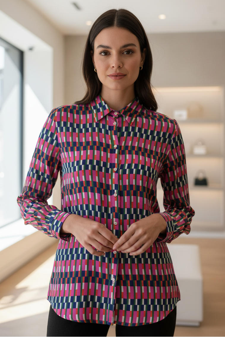 Woman wearing a patterned shirt in a modern indoor setting