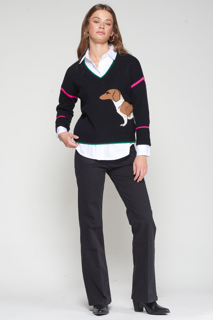 Vilagallo 32894 Dog Motif Black V-Neck Jumper