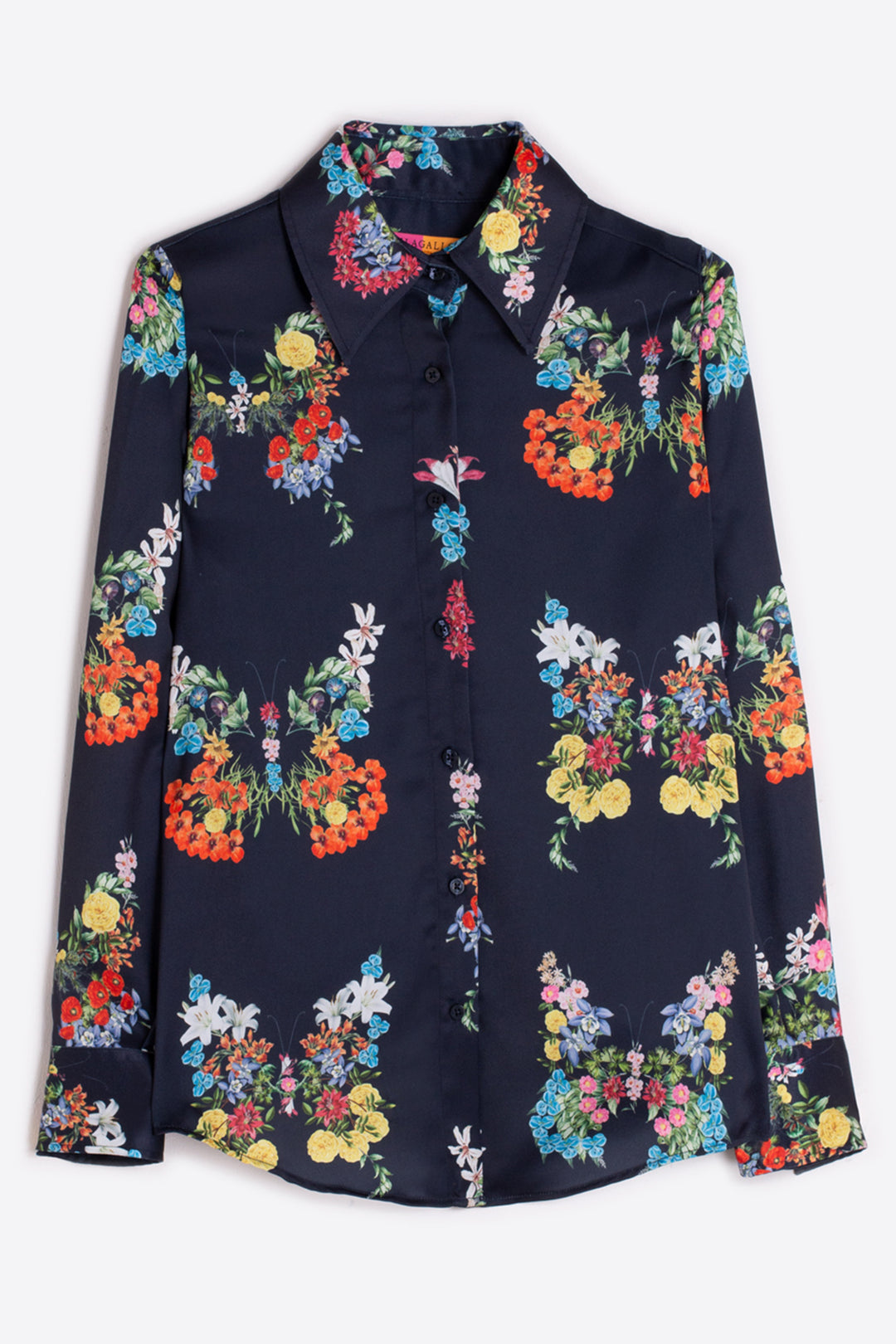Navy blue shirt with colorful floral pattern on a white background